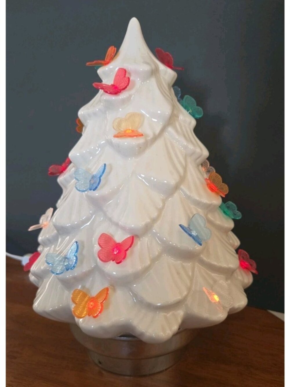 Vintage White Ceramic Christmas Tree With Butterfly's 12 Inch Mcm Base. Rare.